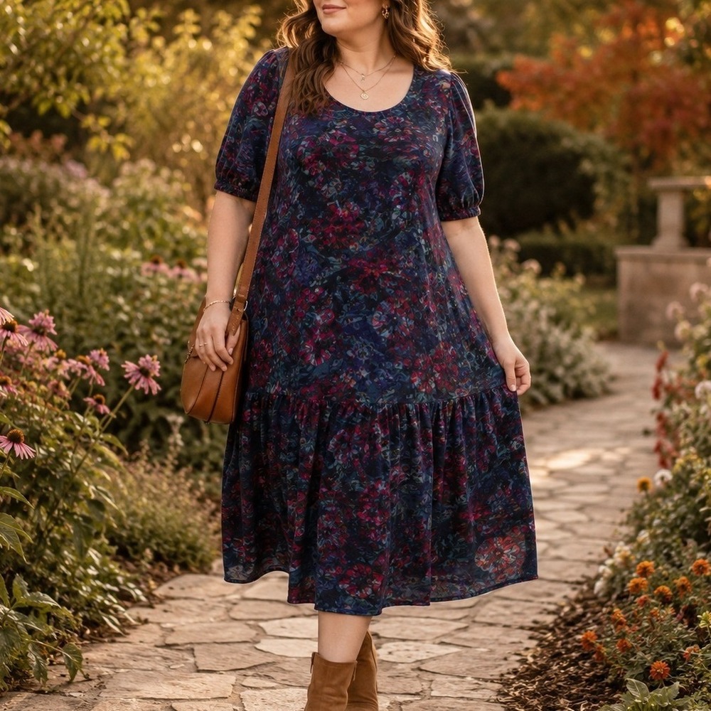 Terra & Sky Plus 2X Floral Drop Waist Midi Dress Puff Sleeve Boho Dark‎ Moody